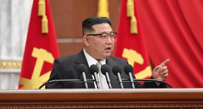 epa10385057 An undated photo released by the official North Korean Central News Agency (KCNA) shows North Korean supreme leader Kim Jong-un speaking during a plenary meeting of the Central Committee of the ruling Workers' Party in Pyongyang, North Korea (issued 01 January 2023). According to the North Korean state media, during the meeting North Korean leader Kim Jong-un stated that North Korea needed to 'exponentially' increase its nuclear weapon arsenal.  EPA/KCNA   EDITORIAL USE ONLY