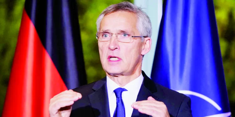 epa10341906 NATO Secretary General Jens Stoltenberg gestures as he speaks during a press conference at the Chancellery in Berlin, Germany, 01 December 2022. German Chancellor Olaf Scholz and NATO Secretary General Jens Stoltenberg met for bilateral talks.  EPA/CLEMENS BILAN