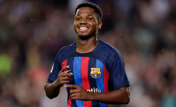 BARCELONA, SPAIN - OCTOBER 20: Ansu Fati of FC Barcelona celebrates 3-0 during the La Liga Santander  match between FC Barcelona v Villarreal at the Spotify Camp Nou on October 20, 2022 in Barcelona Spain (Photo by David S. Bustamante/Soccrates/Getty Images)