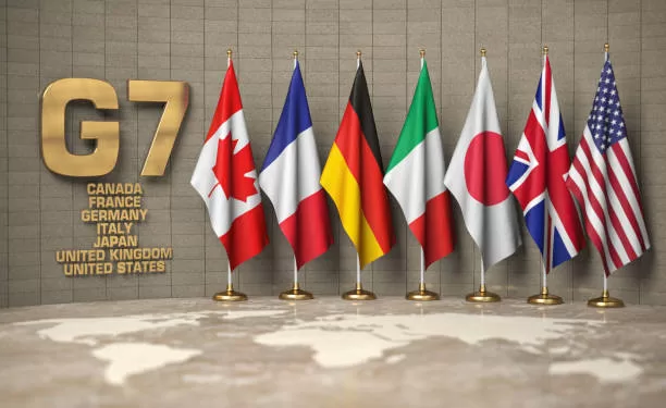 G7 summit or meeting concept. Row from flags of members of G7 group of seven and list of countries, 3d illustration