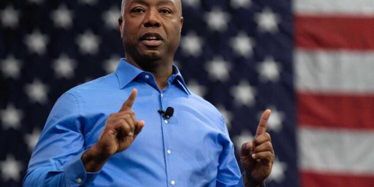 NORTH CHARLESTON, SOUTH CAROLINA - MAY 22: U.S. Senator Tim Scott (R-SC) announces his run for the 2024 Republican presidential nomination at a campaign event on May 22, 2023 in North Charleston, South Carolina. Scott, who is the ranking member of the Senate Banking, Housing, and Urban Affairs Committee, joins 5 other Republicans currently running in the 2024 Presidential race.   Allison Joyce/Getty Images/AFP (Photo by Allison Joyce / GETTY IMAGES NORTH AMERICA / Getty Images via AFP)