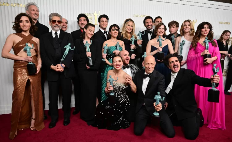 The cast of "The White Lotus" Jennifer Coolidge, Aubrey Plaza and cast pose with the award for Outstanding Performance by an Ensemble in a Drama Series during the 29th Screen Actors Guild Awards at the Fairmont Century Plaza in Century City, California, on February 26, 2023. (Photo by Frederic J. Brown / AFP)